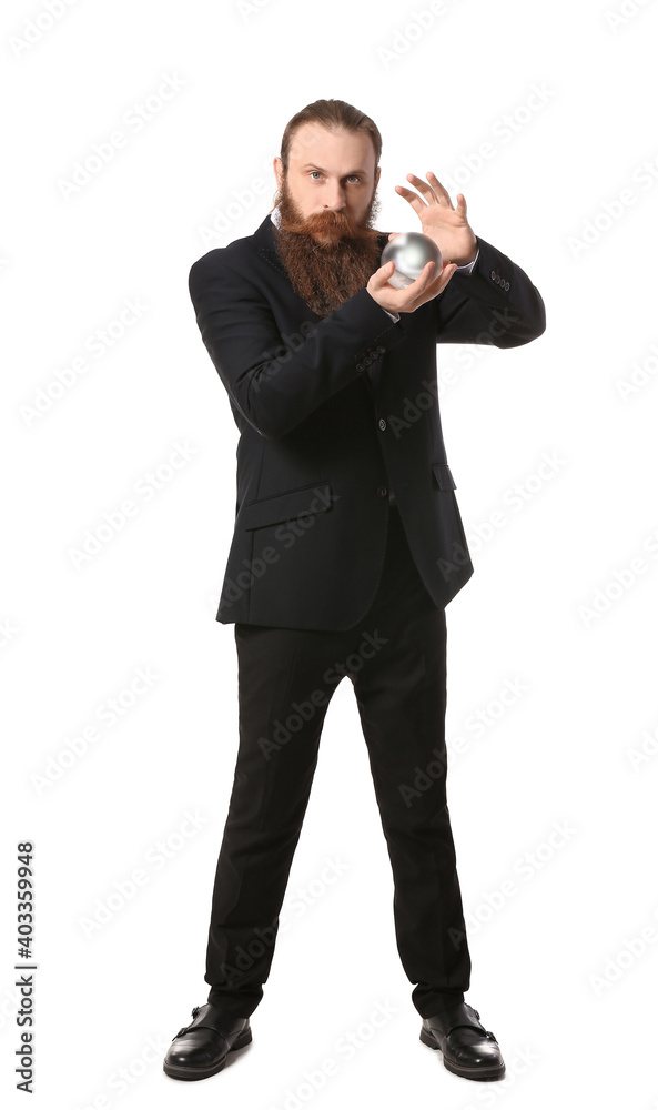 Male fortune teller with crystal ball on white background Male fortune teller with crystal ball on white background
