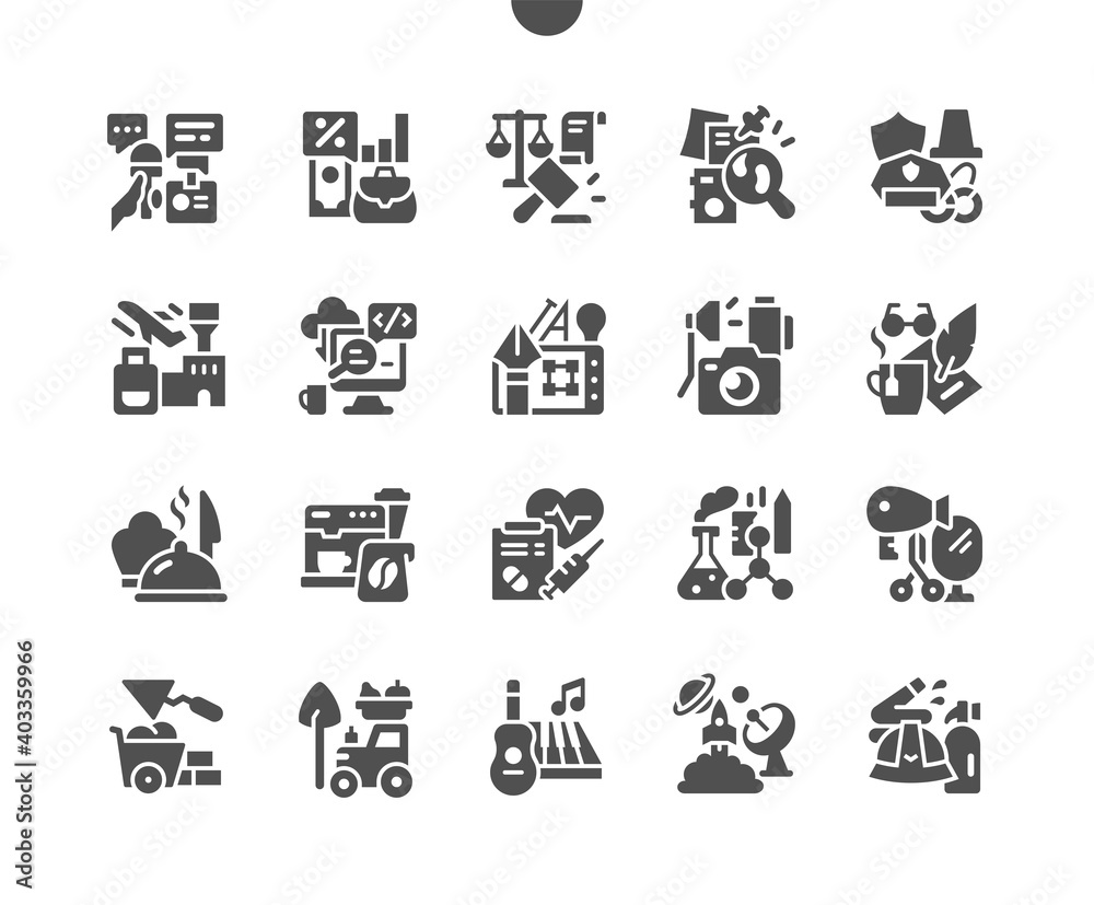 Profession attributes. Occupations, career, worker, labor and government officer. Pilot, lawyer, barista, writer, chef, scientist and other. Vector Solid Icons. Simple Pictogram