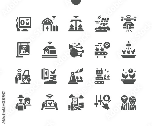 Smart farming. New technologies. Farmer managing his industrial farm with a mobile app on his tablet. Smart agriculture. Farm robot. Irrigation system settings. Vector Solid Icons. Simple Pictogram