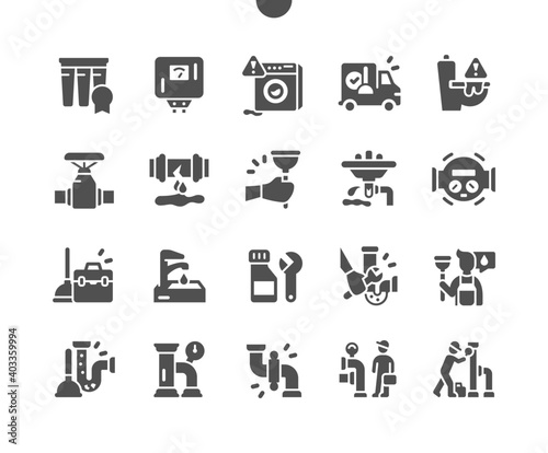 Plumbing elements. Construction of metal piping system. Toilet problems and washer machine problem. Plumber service. Vector Solid Icons. Simple Pictogram