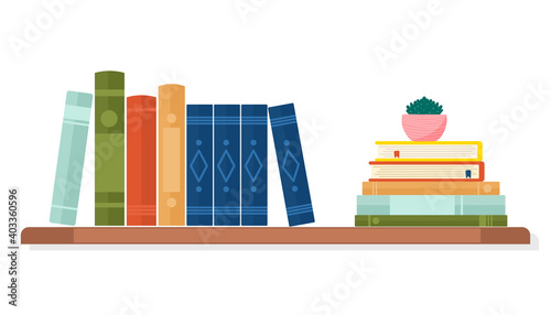 books and potted plants on a shelf. white background. vector illustration flat design.