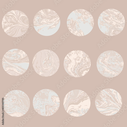 Round beige marble pattern texture set. Vector pale illustration.