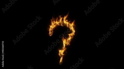 3D animation of the question mark point sign symbol on fire with alpha layer