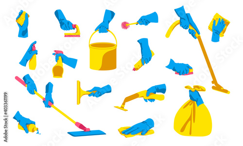 Hand holding cleaning tools set. Hand in blue rubber glove with household supplies. Cleaning service, housework, hygiene cleanup chores concept cartoon vector illustration isolated on white background