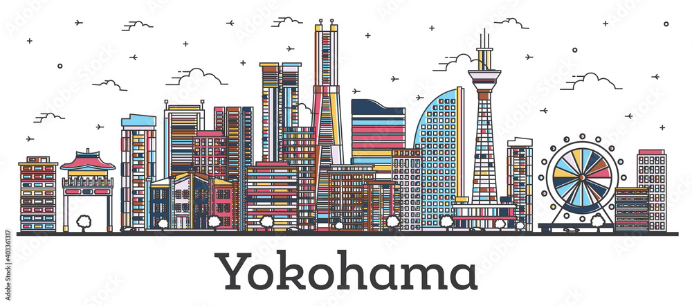 Outline Yokohama Japan City Skyline with Modern Colored Buildings Isolated on White. - obrazy, fototapety, plakaty 