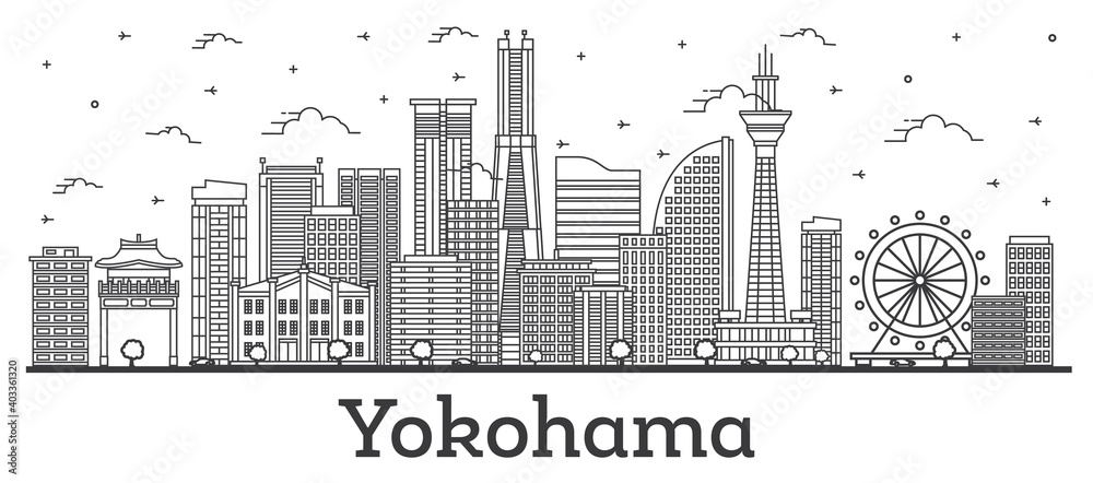 Outline Yokohama Japan City Skyline with Modern Buildings Isolated on White.