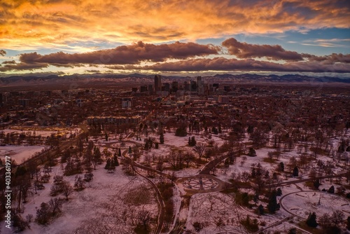 Aerial View of Cherry Creek at Sunset with fresh Snow