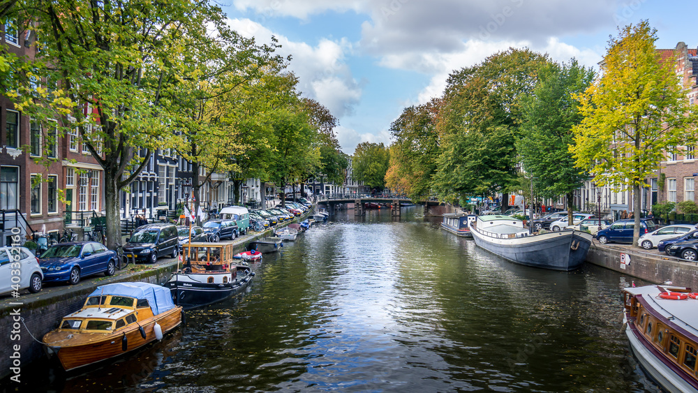 Historic Houses along the Brouwersgracht at the intersection with the Herenmarkt in the center of Amsterdam, the Netherlands