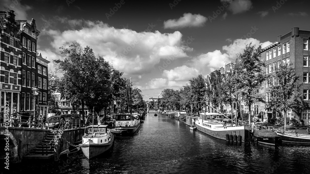 Black and White Photo of Historic Houses along the Brouwersgracht at the intersection with the Herenmarkt in the center of Amsterdam