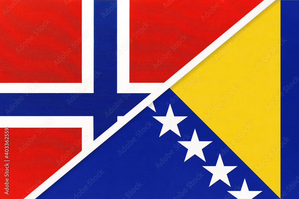 Norway and Bosnia and Herzegovina, symbol of national flags from textile. Norway and Bosnia and Herzegovina, symbol of national flags from textile.