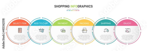 Concept of shopping process with 6 successive steps. Six colorful graphic elements. Timeline design for brochure, presentation, web site. Infographic design layout.