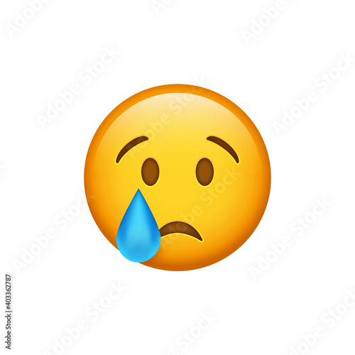 3d yellow Crying Emoji Face with blue tear from one eye down its cheek - sadness face - un happy sad emoticon with raised eyebrows