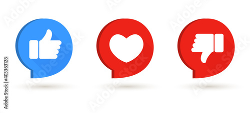 Bild auf Leinwand Like and dislike icons, Thumb up and thump down in speech bubble, love heart spe