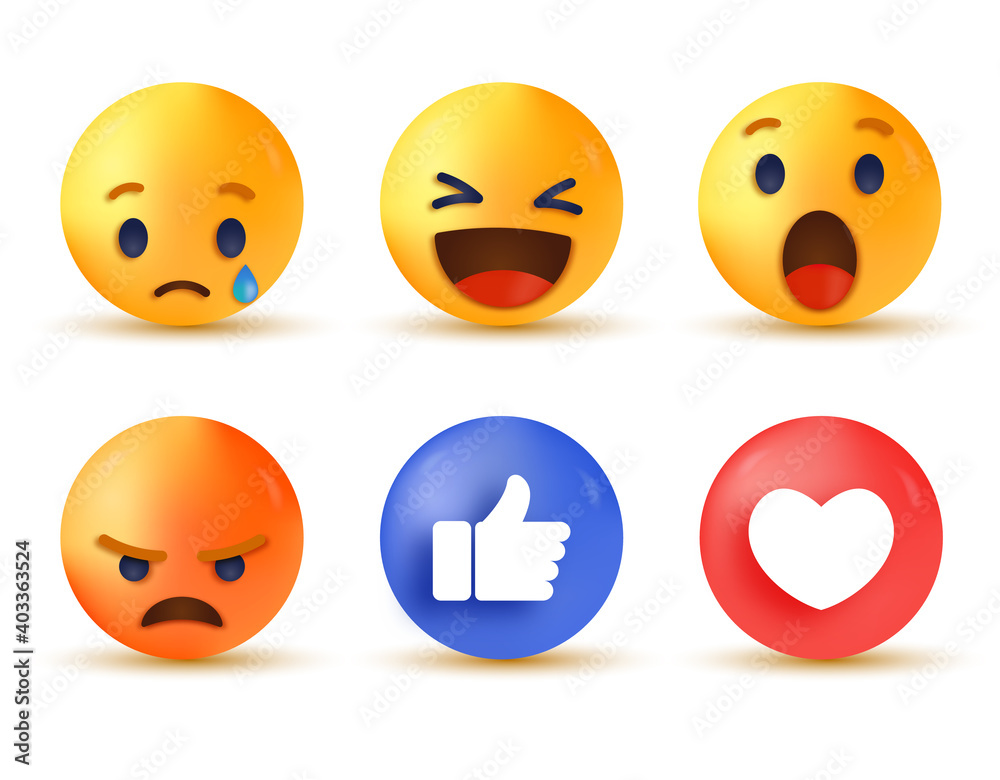 3d social media reaction, collection of emoji reactions, sad cry emoji,  funny haha emoticon, surprise wow emoji, grumpy angry emoticon, like thumb  up icon, love heart icon Stock Vector | Adobe Stock