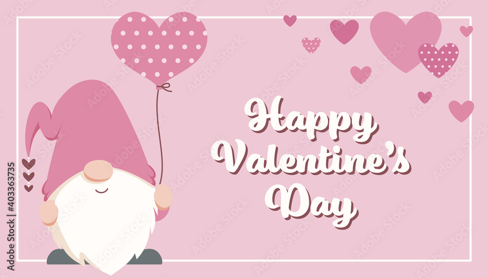 Valentine's Day banner with cute Scandinavian gnome, heart shape balloon, and hearts. Flat vector illustration. Valentine's Day banner with cute Scandinavian gnome, heart shape balloon, and hearts. Flat vector illustration.