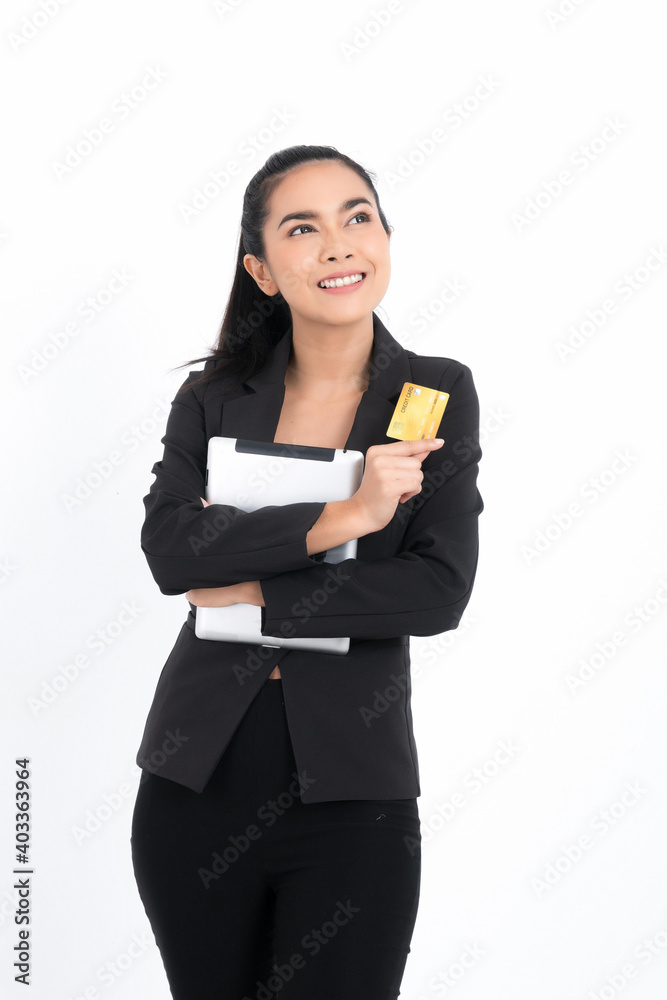 Portrait asian business woman with holding credit card and documents in hand and look up isolated on white background. Portrait asian business woman with holding credit card and documents in hand and look up isolated on white background.