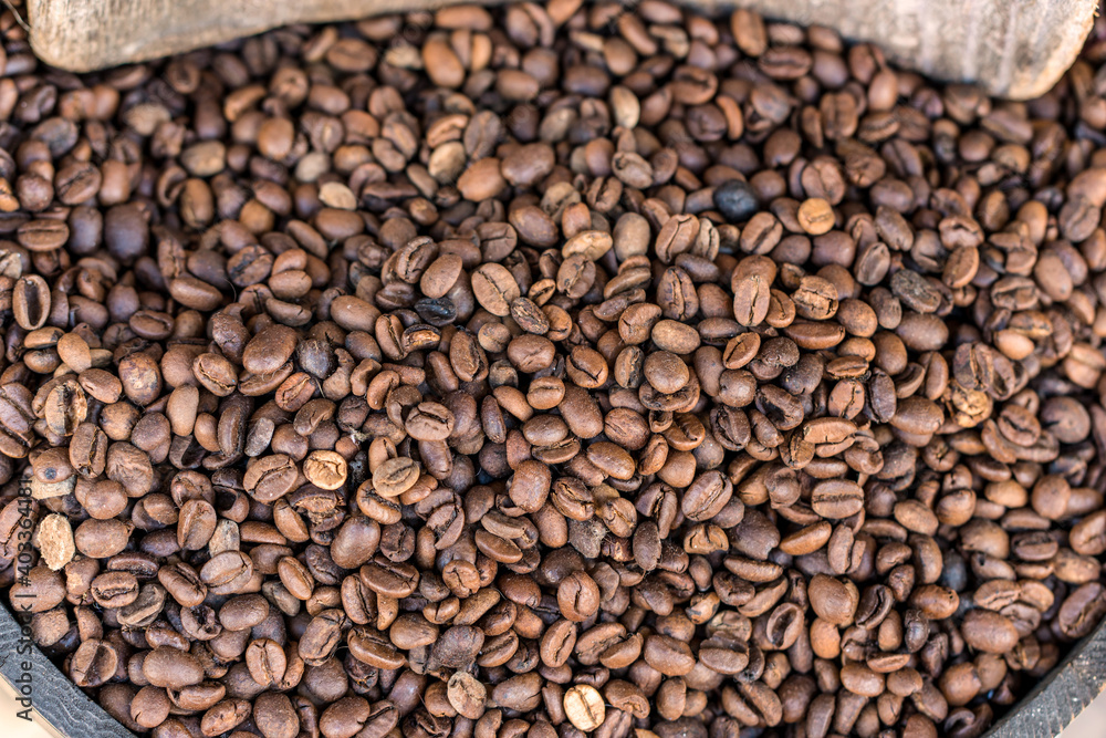 Top view of Dark roast coffee beans background Top view of Dark roast coffee beans background