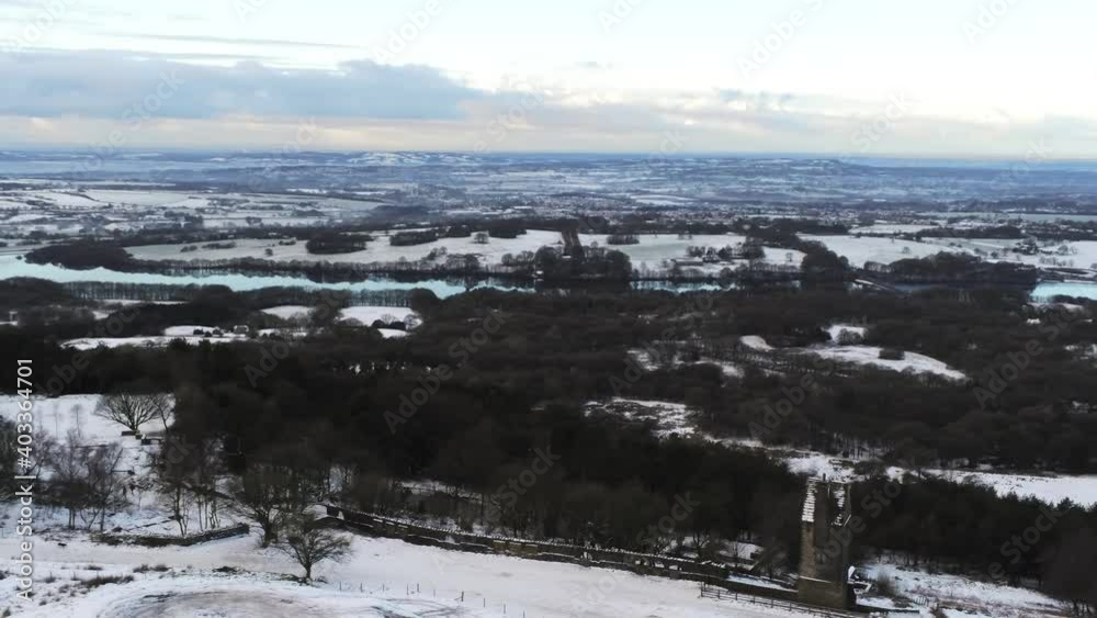 Snowy winter patchwork Lancashire farmland rural countryside landscape aerial orbit left Snowy winter patchwork Lancashire farmland rural countryside landscape aerial orbit left
