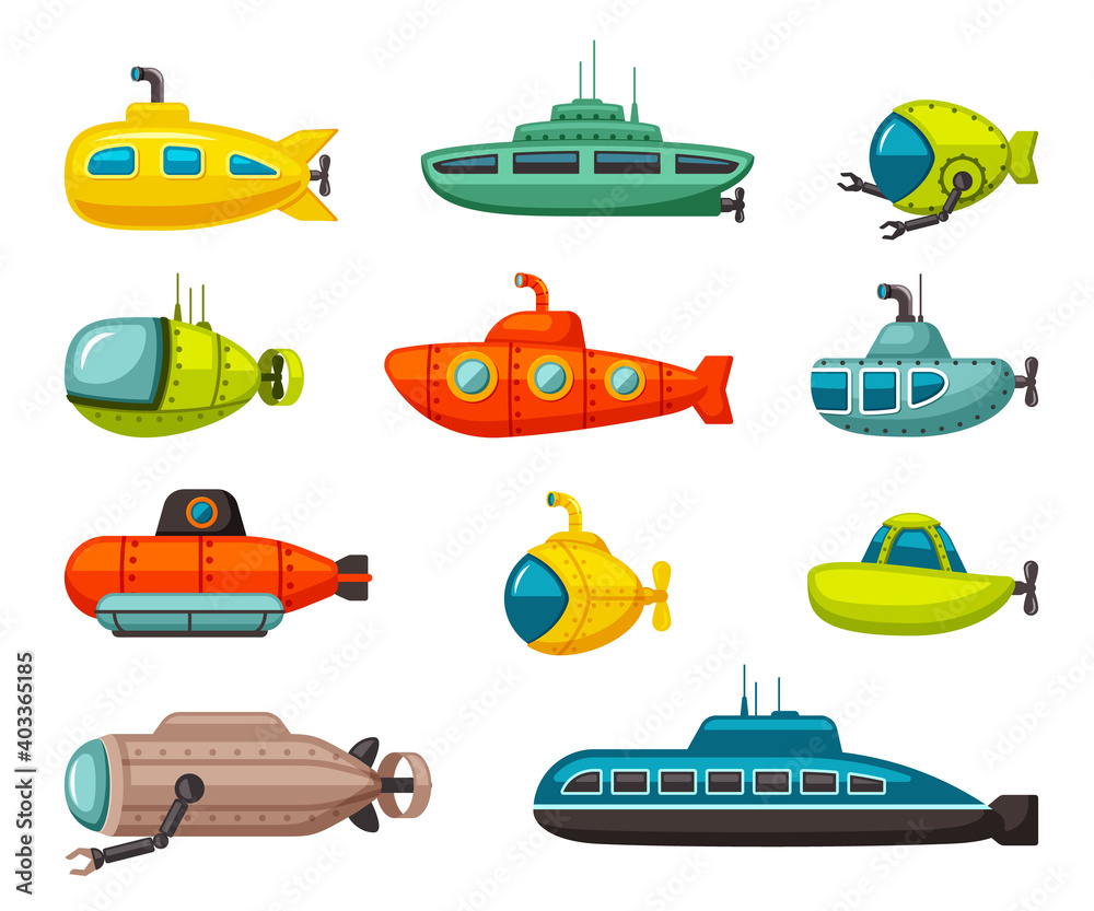 Submarines and bathyscaphes set. Red vehicle with robotic arms and military with scanning antennas yellow scuba floats with propellers round portholes fun underwater exploration. Vector cartoon. Submarines and bathyscaphes set. Red vehicle with robotic arms and military with scanning antennas yellow scuba floats with propellers round portholes fun underwater exploration. Vector cartoon.
