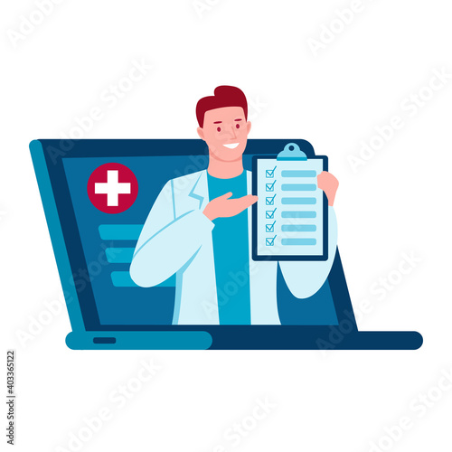 Internet doctor. Telemedicine. Doctor's consultation via the Internet with a doctor. Online medical care for patients concept . Vector illustration in flat cartoon style. Isolated on a white.