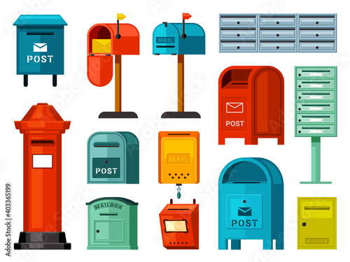 Retro and modern mailboxes set. Blue street boxes with legs red container for paper correspondence green for receiving and sending letters numerous metal closed sections individual. Cartoon vector.