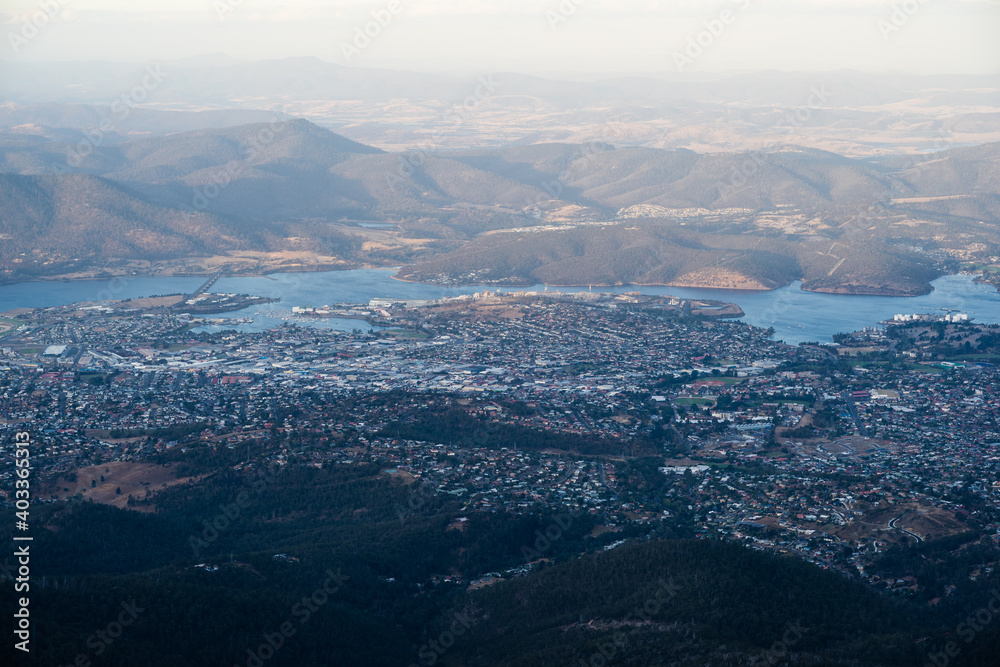 Bird's eye view of Hobart from the summit of Mt Wellington. Tasmania, Australia. Bird's eye view of Hobart from the summit of Mt Wellington. Tasmania, Australia.