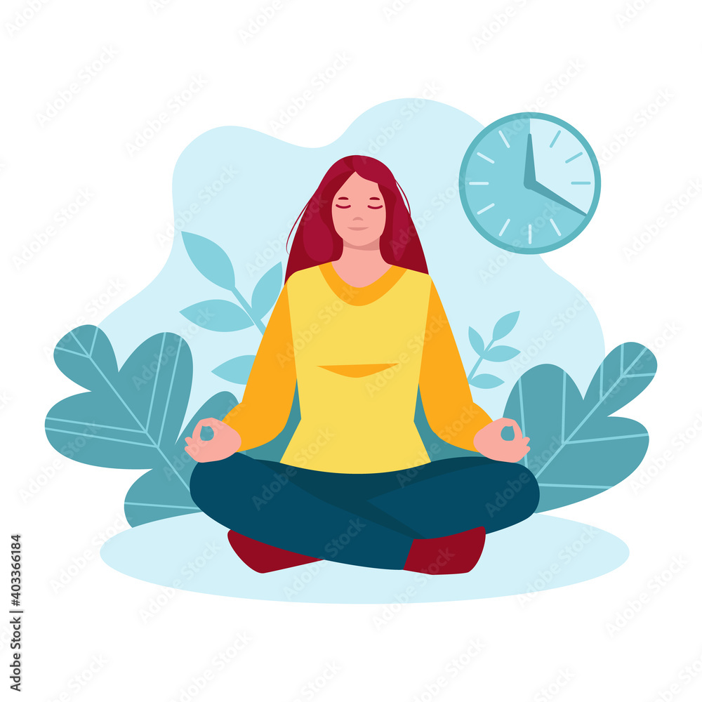 Meditating woman, girl in nature, background of leaves, plants. Clock timer, 20 minutes. Vector illustration in flat cartoon style. The concept of a healthy lifestyle,yoga, meditation, relaxation.