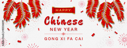 Happy Chinese new year GONG XI FA CAI text on oriental wave pattern  banner background with firecrackers