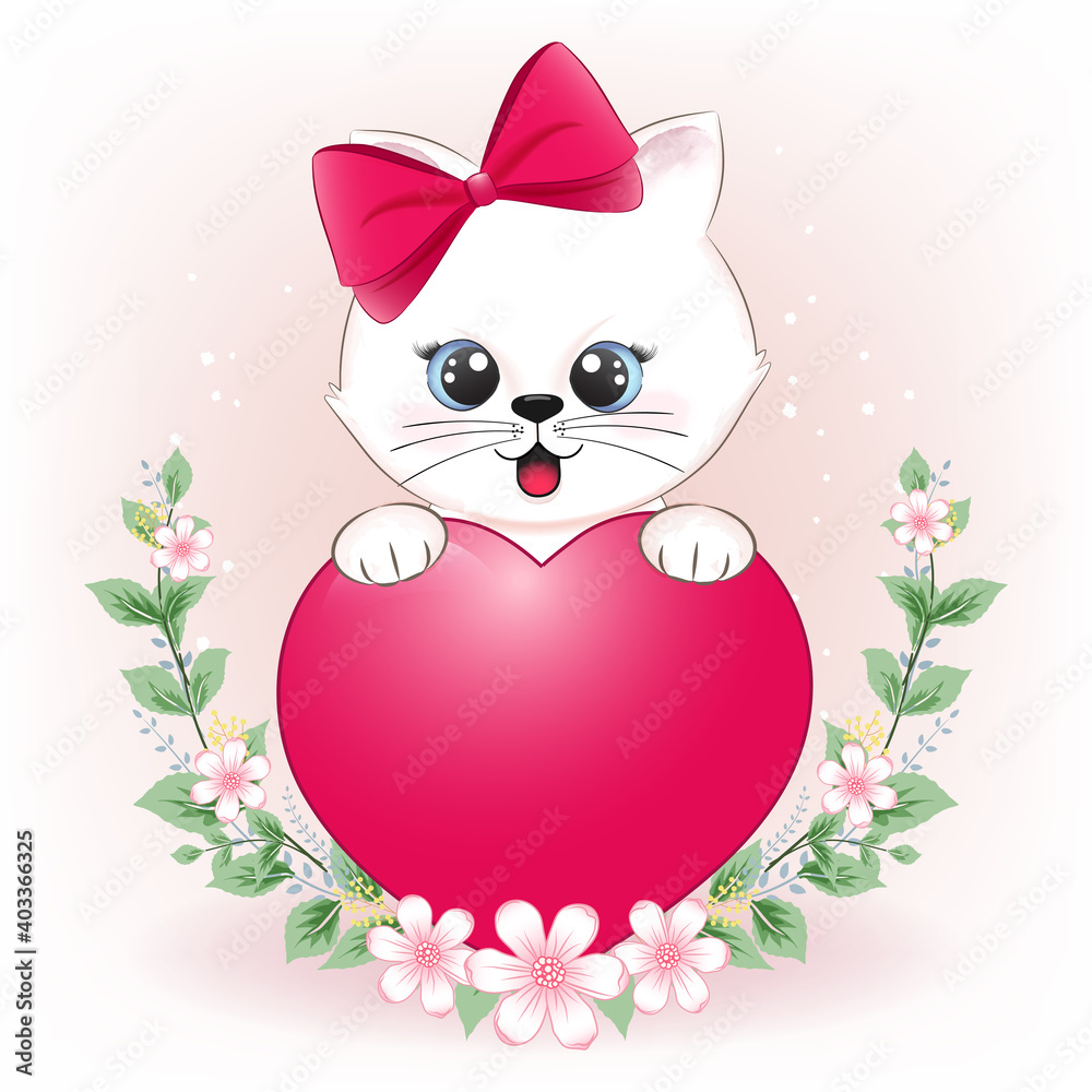 Cute little cat and heart with flower frame, valentine's day concept illustration