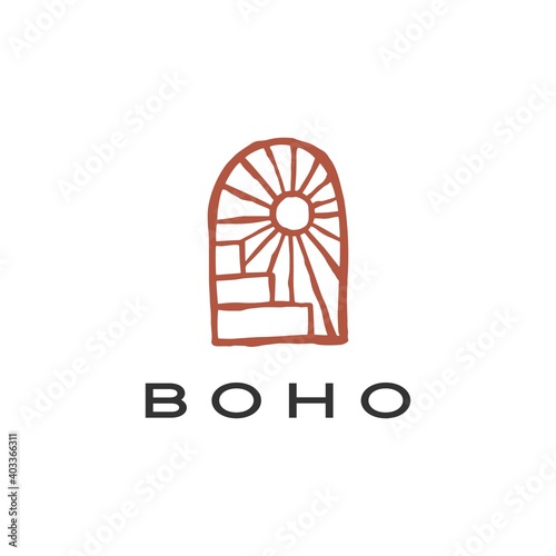 boho niche door stair sun logo vector icon illustration