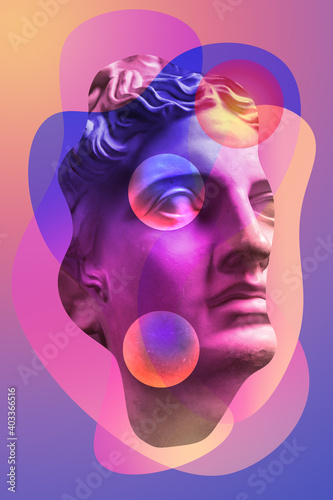 Collage with plaster antique sculpture of human face in a pop art style. Creative concept image with ancient statue head in pastel colors. Zine culture. Contemporary art style poster. Apollo bust. photo