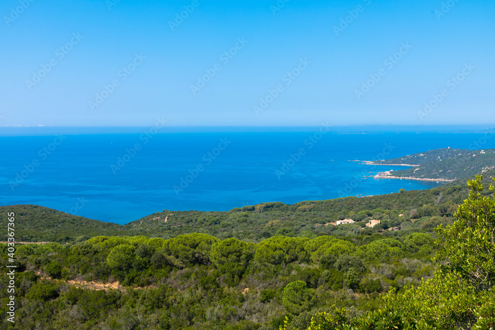 Spectacular view of Golfe de Sagone and the mediterranean marquis landscape near Cargese, Place for Text. Corsica, France Spectacular view of Golfe de Sagone and the mediterranean marquis landscape near Cargese, Place for Text. Corsica, France