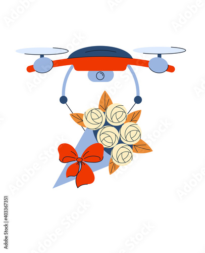 Contactless delivery. The drone carries a bouquet of flowers. Online shopping. Vector illustration