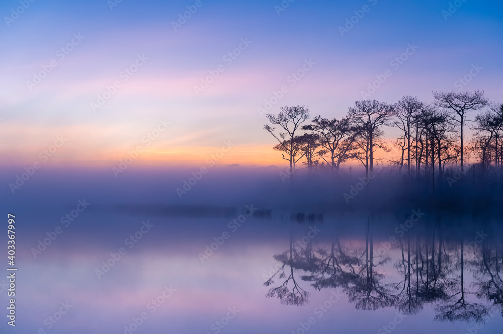 Sunrise over the river with foggy at Wang Kwang Reservoir Phu Kradueng National Park, Loei, Thailand Sunrise over the river with foggy at Wang Kwang Reservoir Phu Kradueng National Park, Loei, Thailand