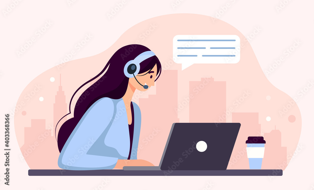 Woman with headphones and microphone at the computer. Concept illustration for support, assistance, call center. Contact us. Vector illustration in cartoon flat style Woman with headphones and microphone at the computer. Concept illustration for support, assistance, call center. Contact us. Vector illustration in cartoon flat style