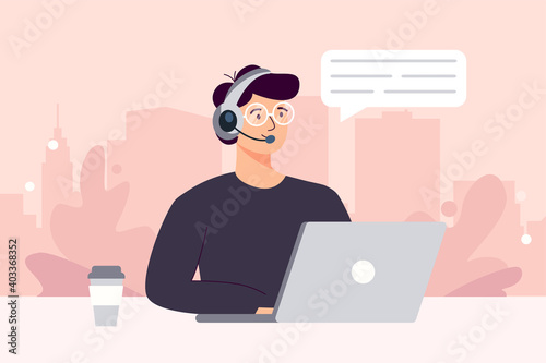 man with headphones and microphone at the computer. Concept illustration for support, assistance, call center. Contact us. Vector illustration in cartoon flat style.