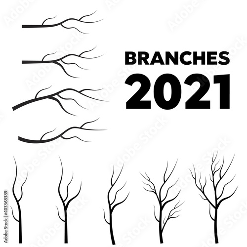 Tree branches set closeup watercolor. Vector tree branches silhouette