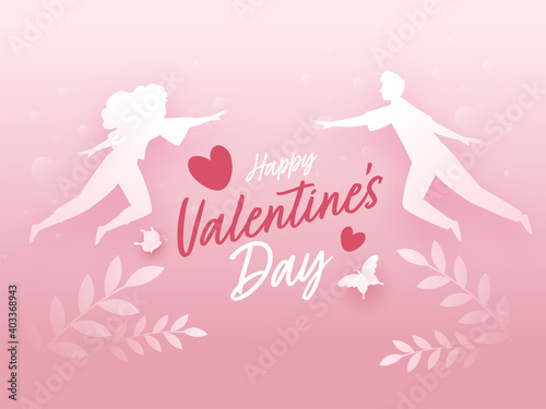 Happy Valentine's Day Font With Silhouette Couple Flying, Leaves And Butterflies On Glossy Pink Background.