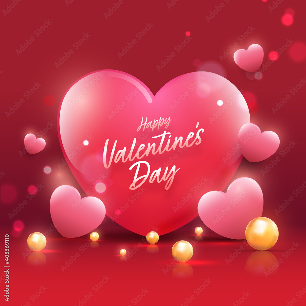 Happy Valentine's Day Font With Glossy Hearts And 3D Golden Pearls Decorated On Red Bokeh Background.