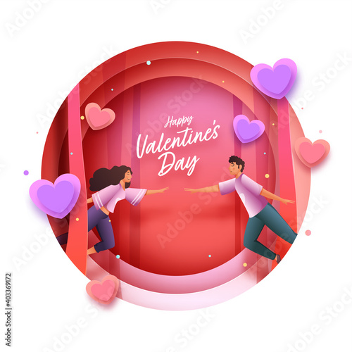 Red And White Paper Layer Cut Circle Background Decorated With Hearts And Young Couple Flying For Happy Valentine's Day.