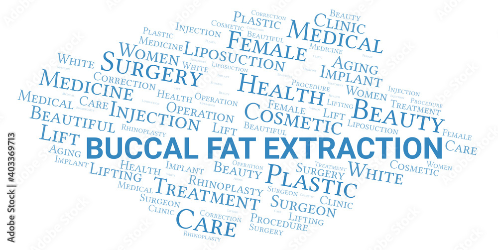Buccal Fat Extraction typography word cloud create with the text only. Type of plastic surgery