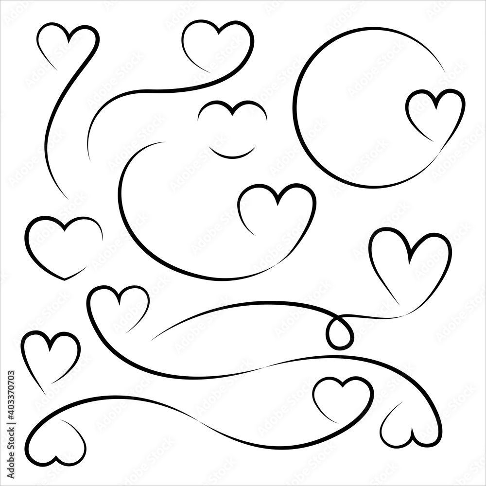 Heart illustration Set. love black outline. Template and ornament for Valentine's Day. Line Art Icon
