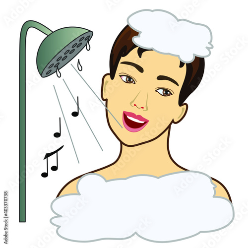 emoticon with guy that is singing loud in a shower with wet head covered in foam and a music note flying around, vector emoji in color