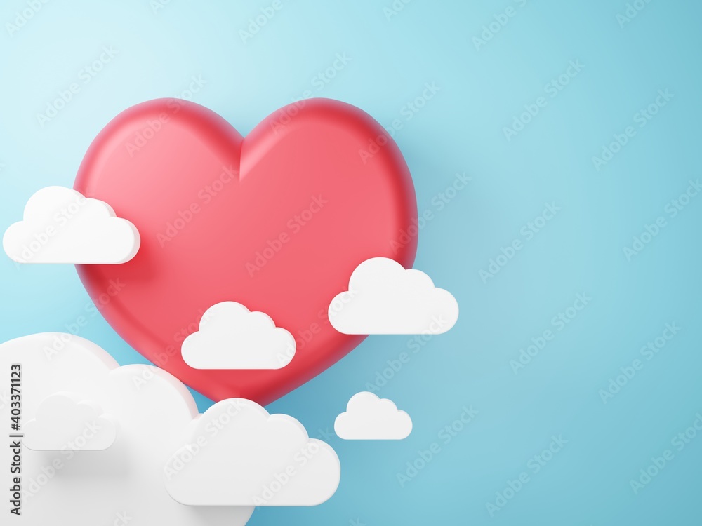 3D illustration of love and valentine day, White cloud and Red heart float on the blue background. 3D Rendering