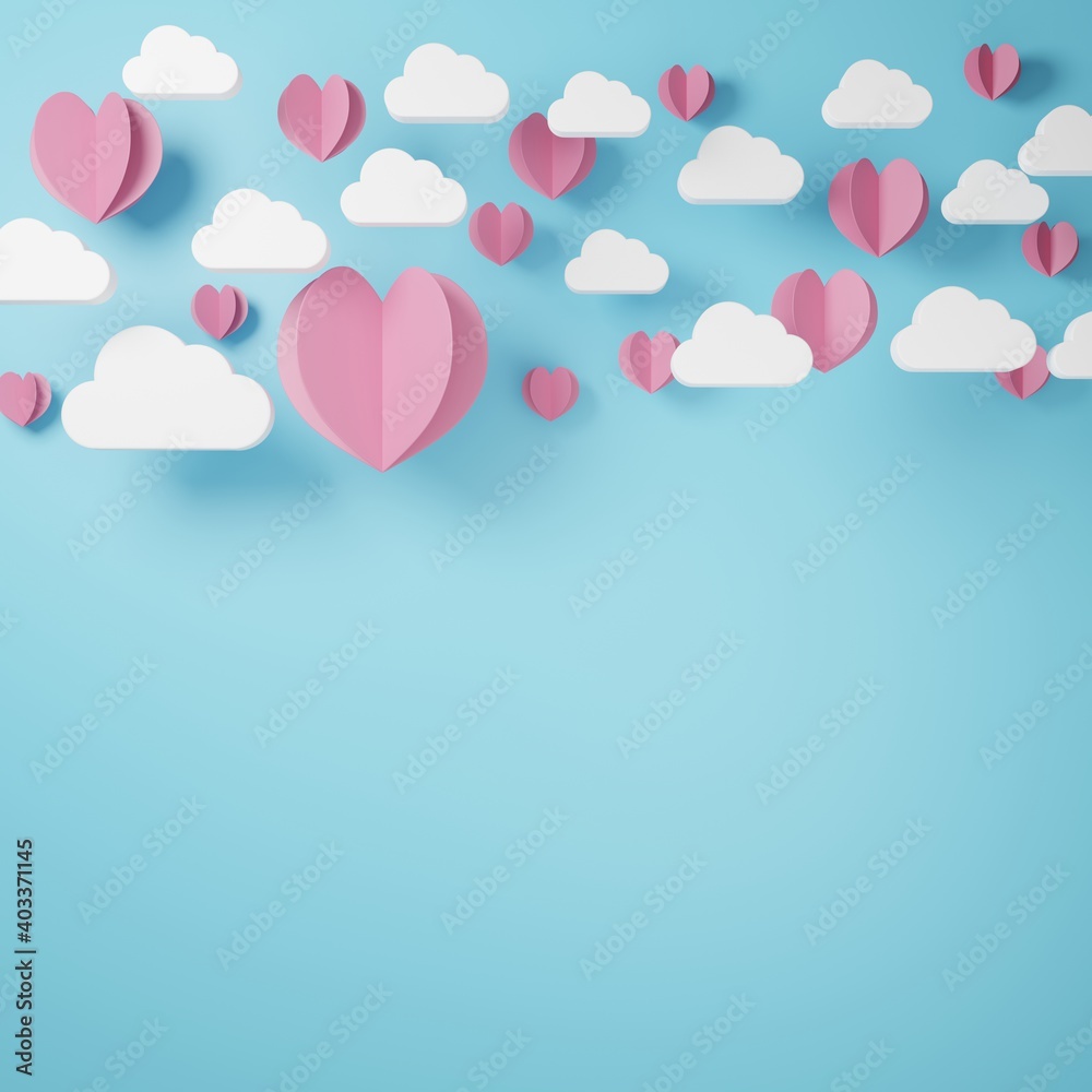 3D illustration of love and valentine day, White cloud and Pink like a paper cut heart float on the blue background. 3D Rendering