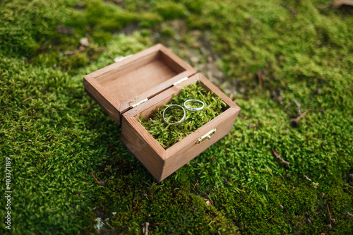 Wedding rings in a wooden case. Wedding rings on the moss. Wooden box on the moss. © vadik02020