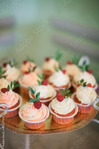 Candy bar. Sweets. Cupcakes with berries. Lollipop.