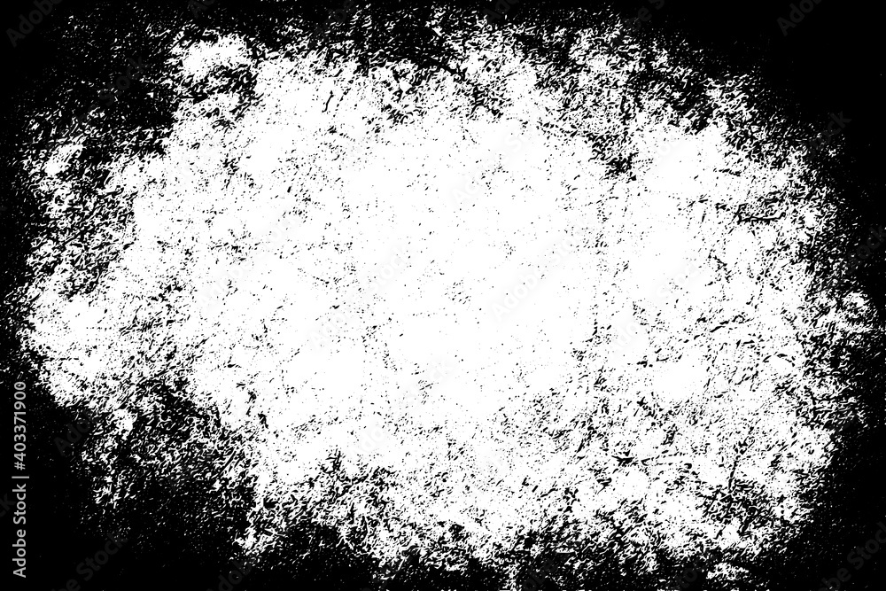 Grunge texture is black and white. The background is made of dirt, chips, scuffs, and wear. Old vintage surface splattered with ink. Soiled backdrop template