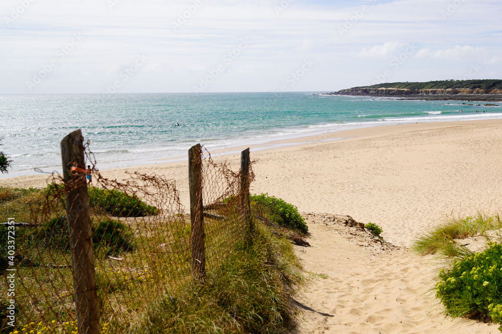 sand access french sea Talmont coast with sunny atlantic vendee beach ocean in summer day