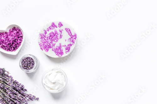 natural herb cosmetic with lavender flatlay on white background top view mockup